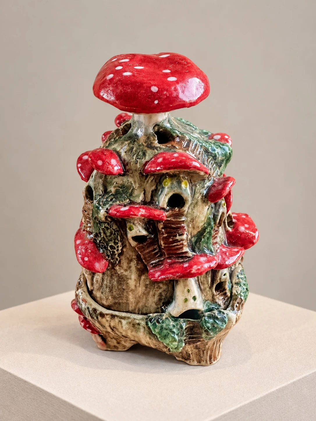 Detailed woodland sculpture with red spotted mushrooms, tiny openings, and stairs