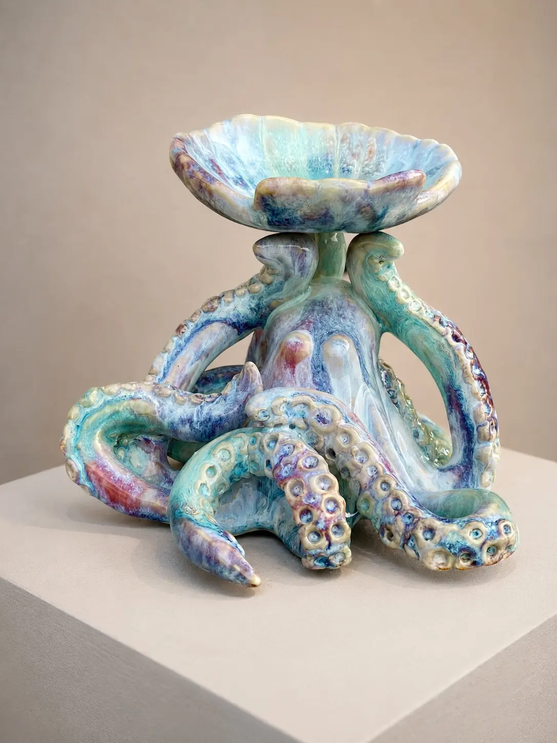 Sculptural ceramic octopus supporting a shallow bowl, finished in turquoise, lavender, and cream glazes
