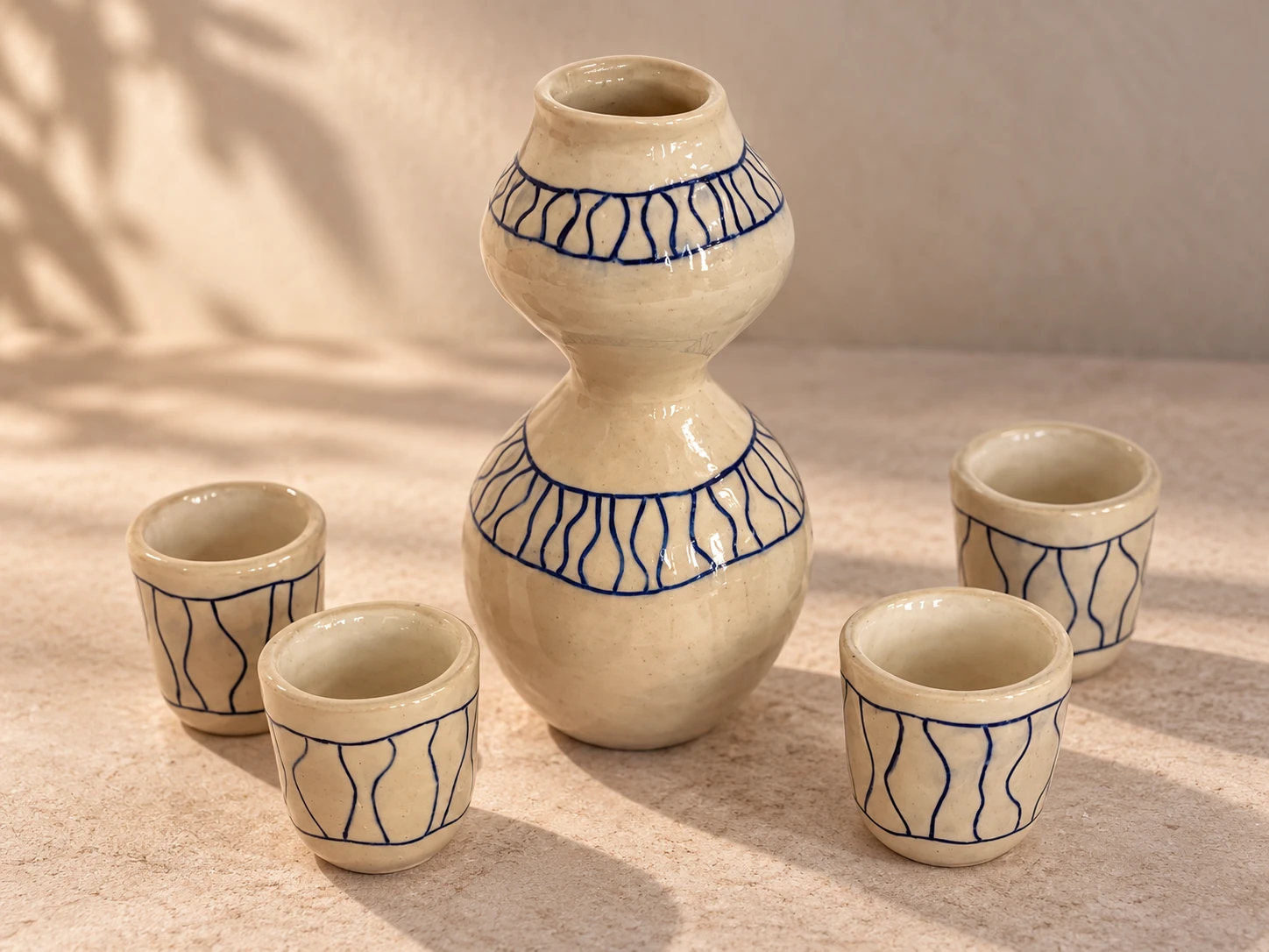 Cream ceramic sake bottle and four matching cups decorated with blue line patterns